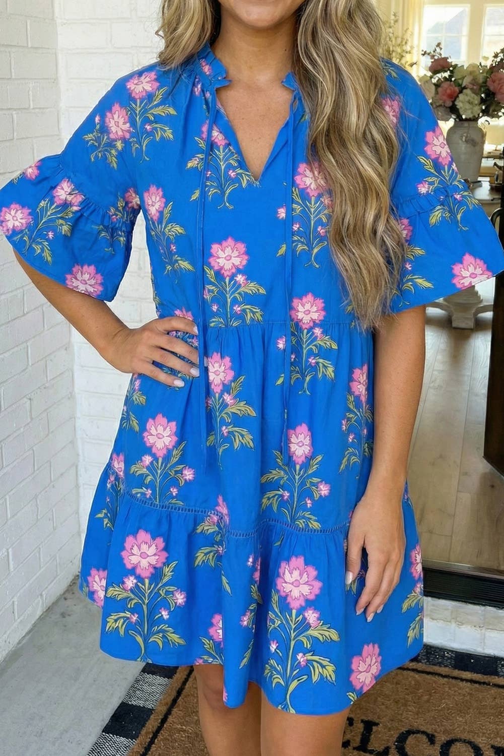 LAS V Neck Short Sleeve Loose Flower Dress (S-XL)