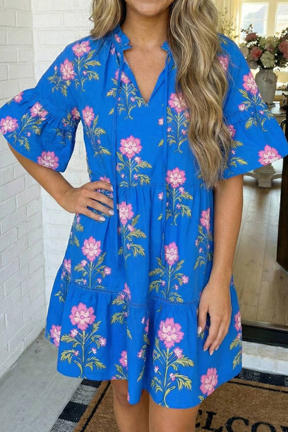 LAS V Neck Short Sleeve Loose Flower Dress (S-XL)