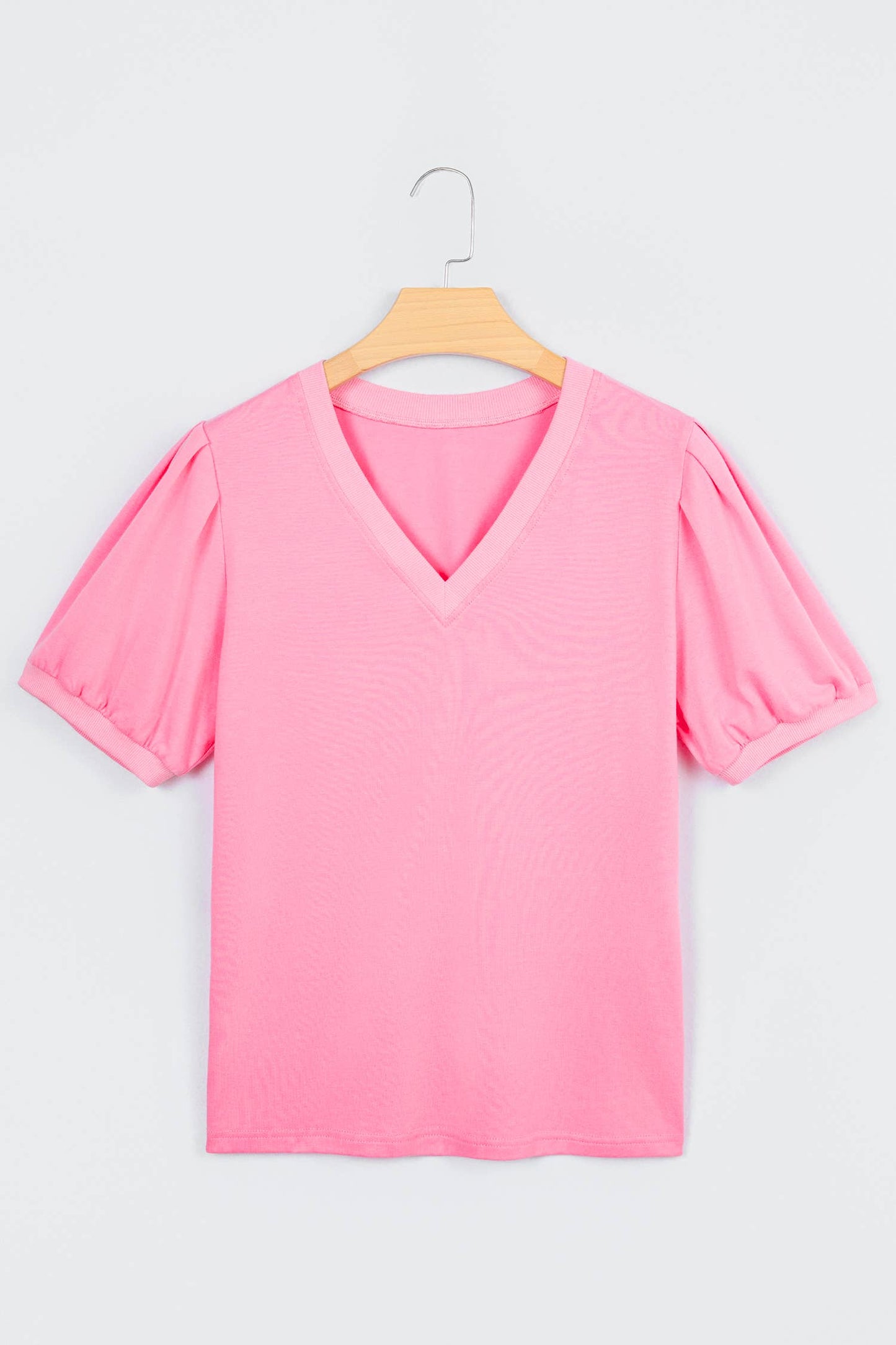 Solid V Neck Puff Sleeve Blouse