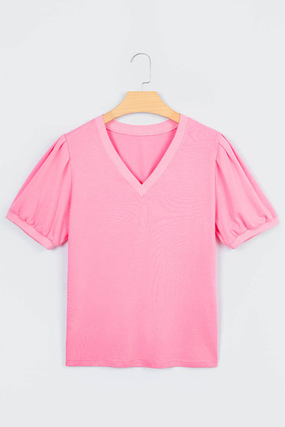 Solid V Neck Puff Sleeve Blouse