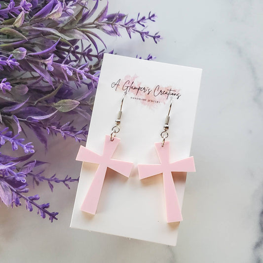 Pastel / Light Pink Acrylic Cross Earrings