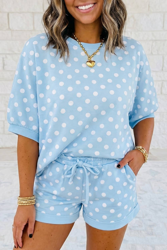 Casual Polka Dot Short Sleeve Top and Drawstring Shorts Set