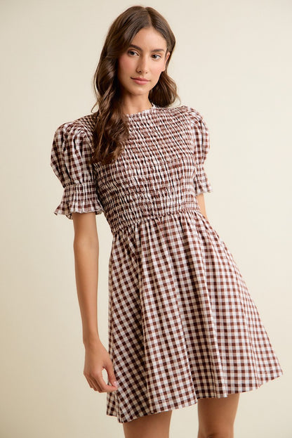 GINGHAM CHECK SMOCKED BODICE PUFF SLEEVES MINI DRESS