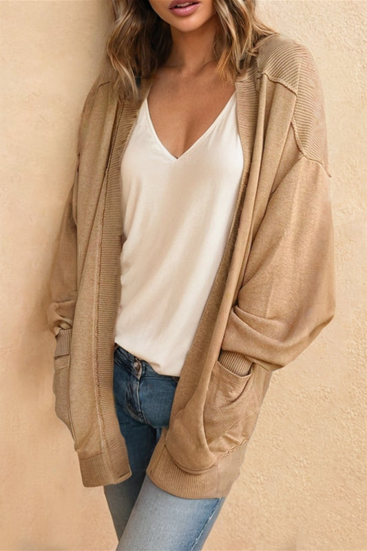 Edge Lantern Sleeve Stitching Cardigan With Pocket