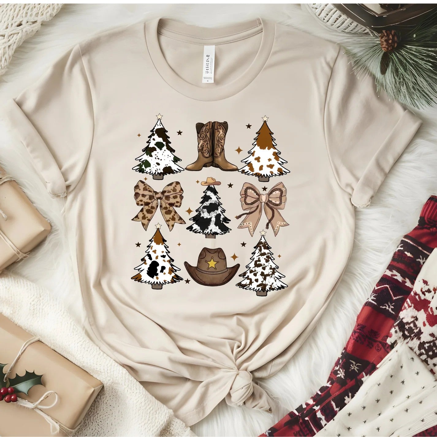 Western Cow Tree And Boots Christmas Tee
