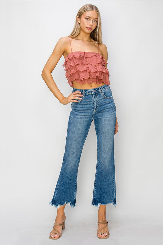 High Rise Crop Flare Fray Hem Jeans