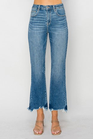 High Rise Crop Flare Fray Hem Jeans