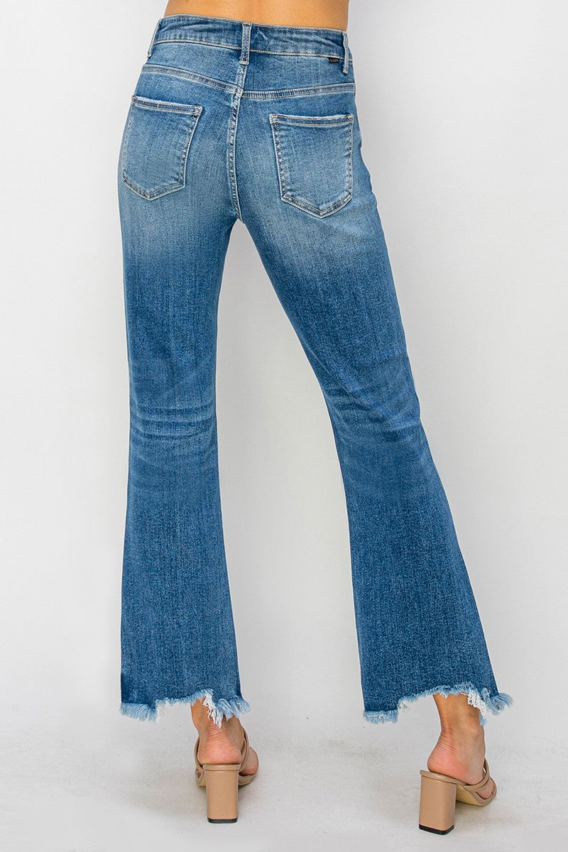 High Rise Crop Flare Fray Hem Jeans