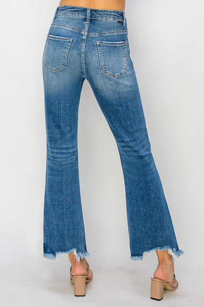 High Rise Crop Flare Fray Hem Jeans