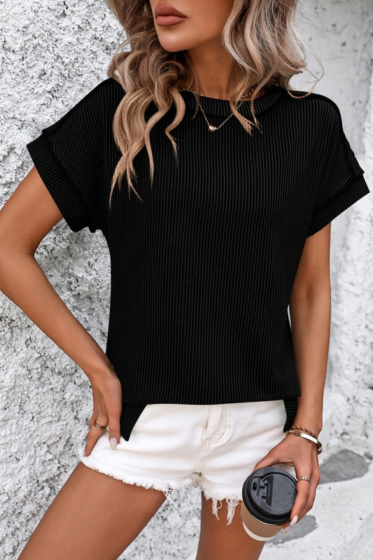 Casual Ribbed Knit Short Sleeve Loose Fit Top