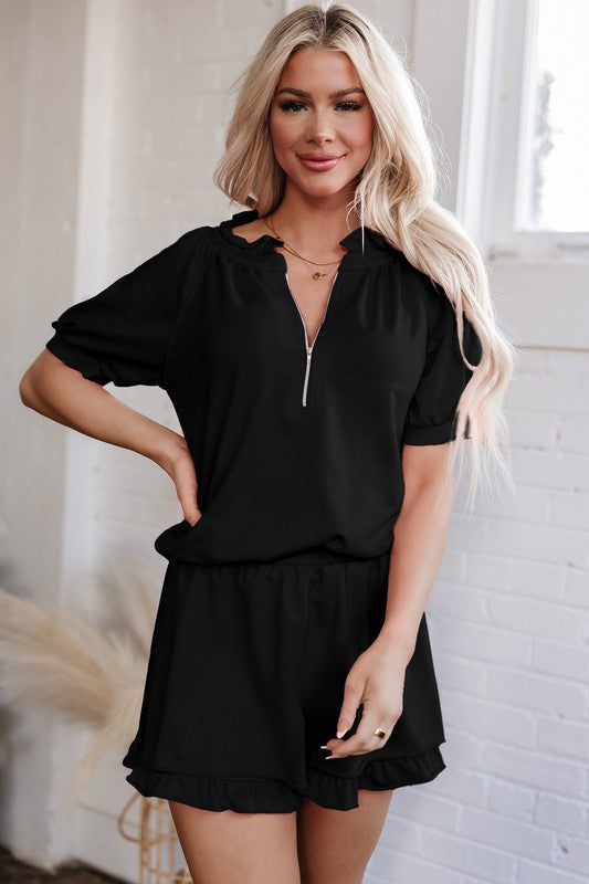 Half Zip Puff Sleeve Top And Ruffled Shorts Set