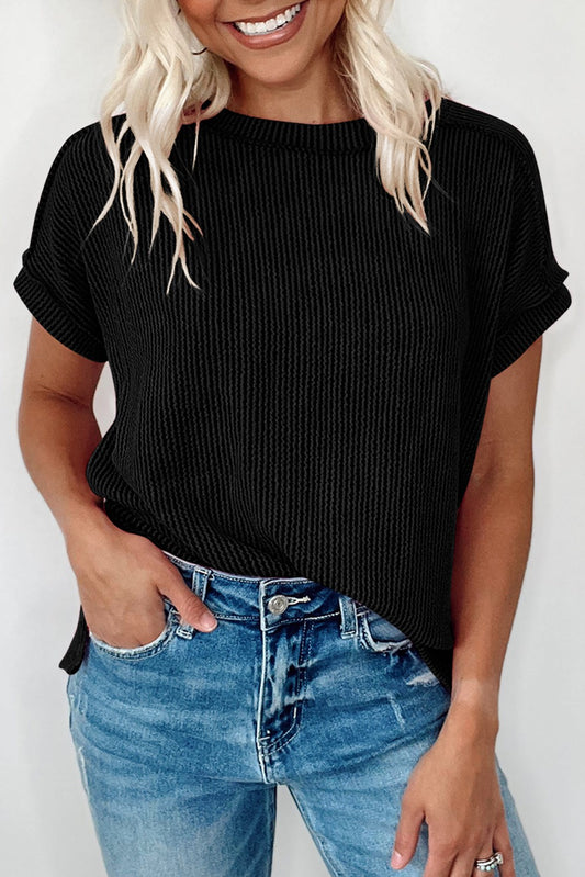 Crinkle Ribbed Knit Round Neck Shirt