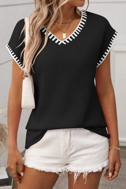 V Neck Striped Knit Top Casual Short Sleeve