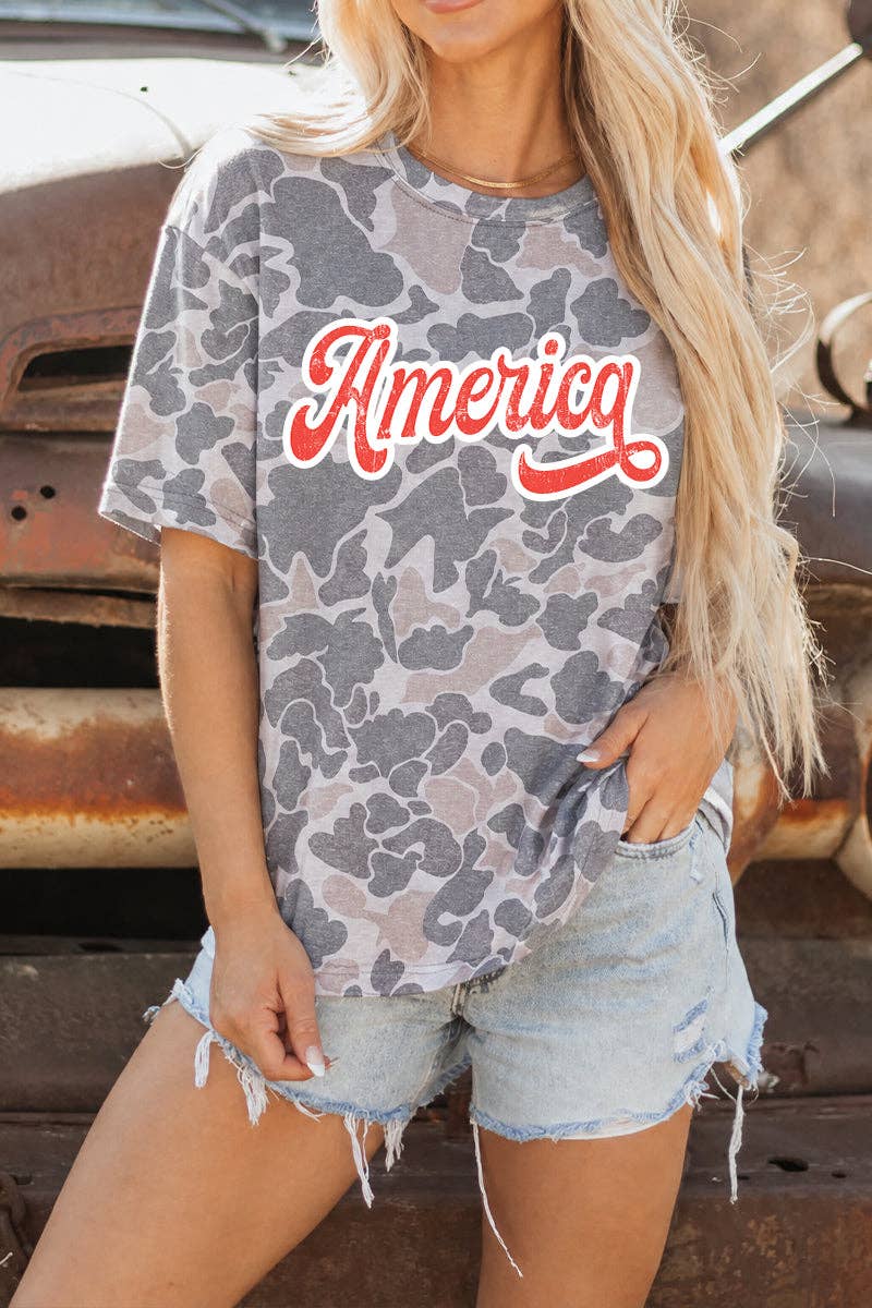 Camo America Graphic Patriotic T Shirt Casual Summer