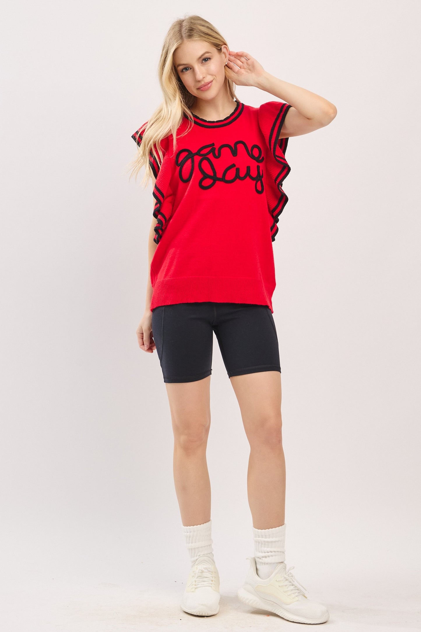 Ruffle Sleeve Varsity Game Day Knit Top