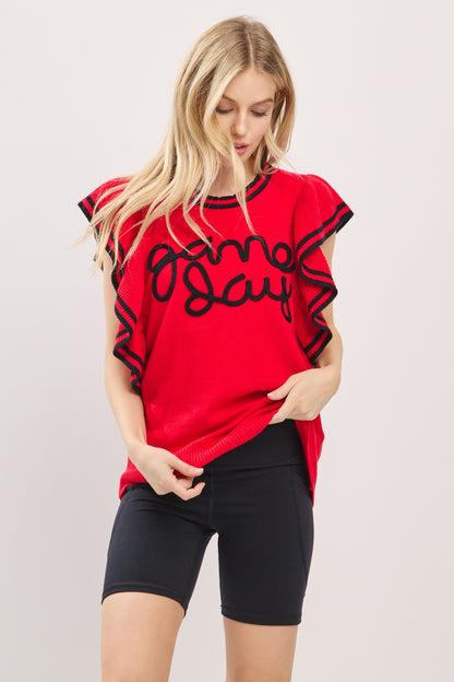 Ruffle Sleeve Varsity Game Day Knit Top