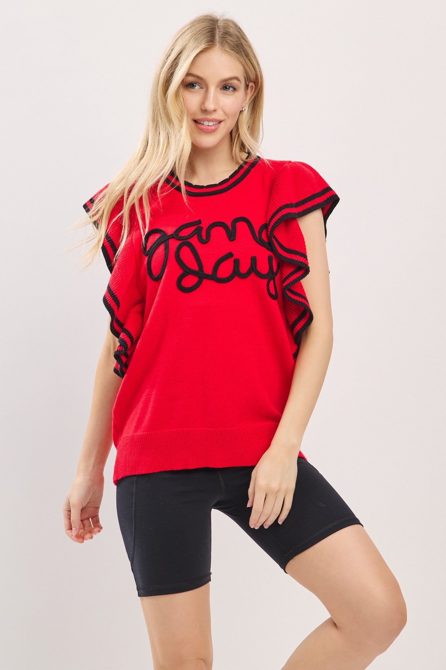 Ruffle Sleeve Varsity Game Day Knit Top