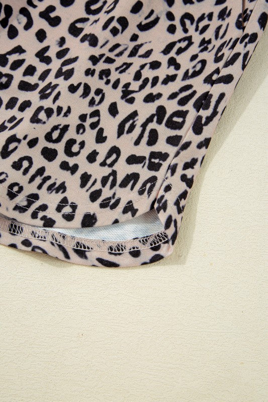 Leopard Zipper Collared Ruffled Top And Short Set