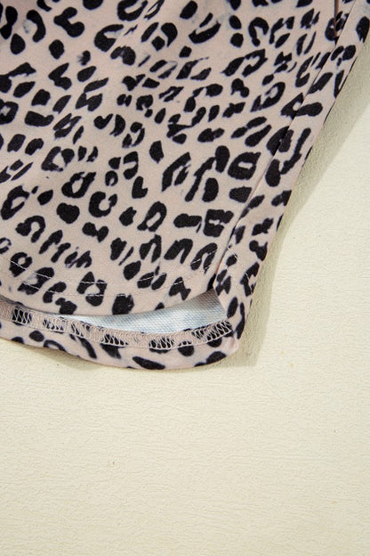 Leopard Zipper Collared Ruffled Top And Short Set