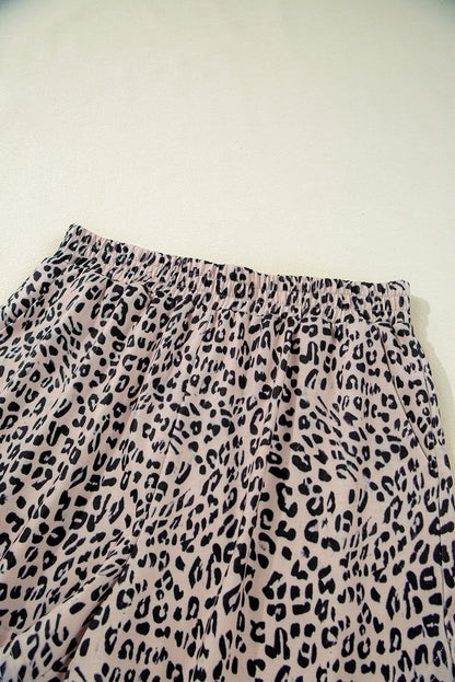 Leopard Zipper Collared Ruffled Top And Short Set