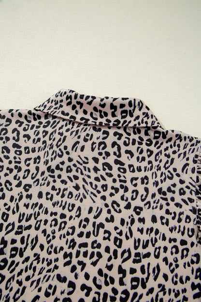 Leopard Zipper Collared Ruffled Top And Short Set