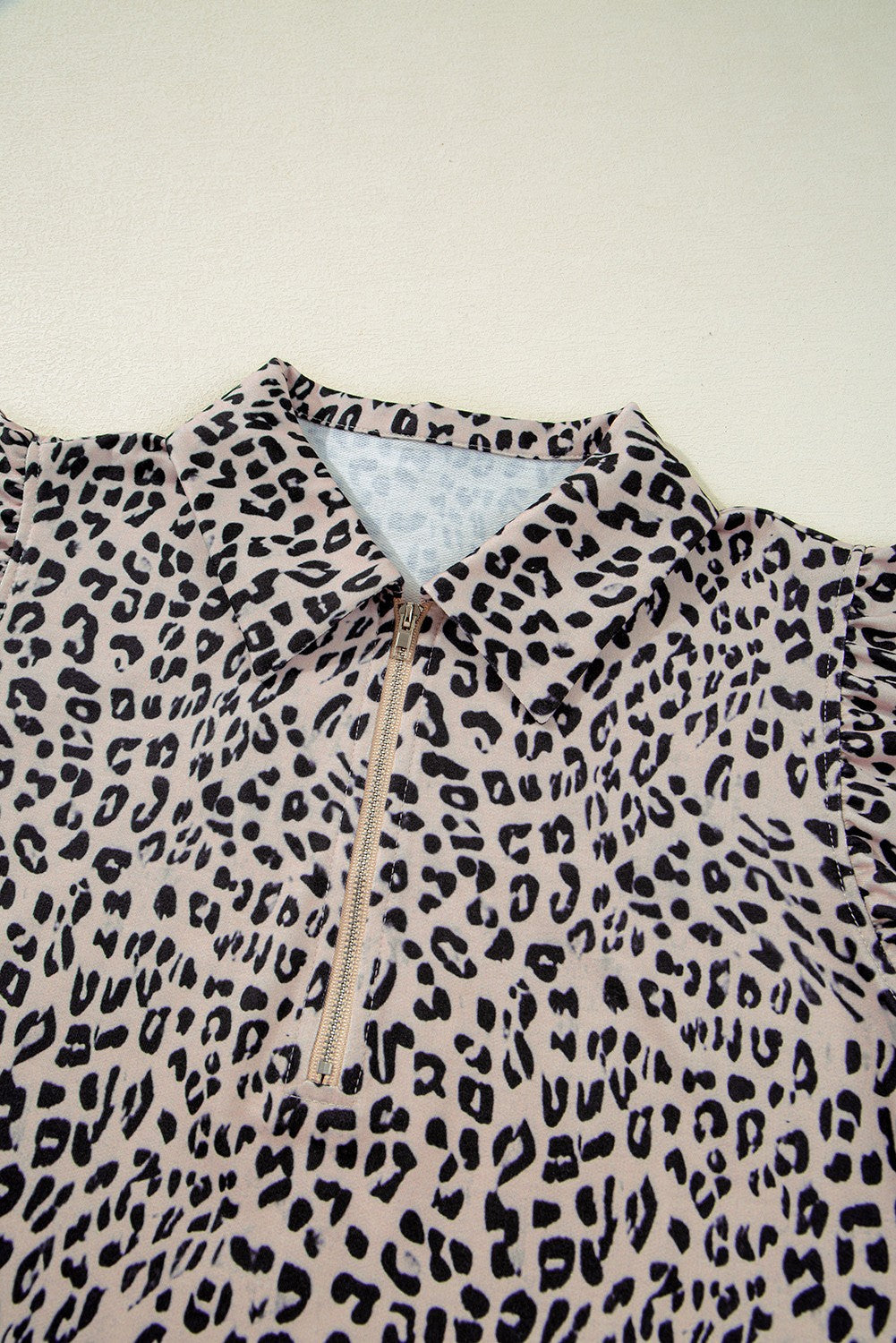 Leopard Zipper Collared Ruffled Top And Short Set
