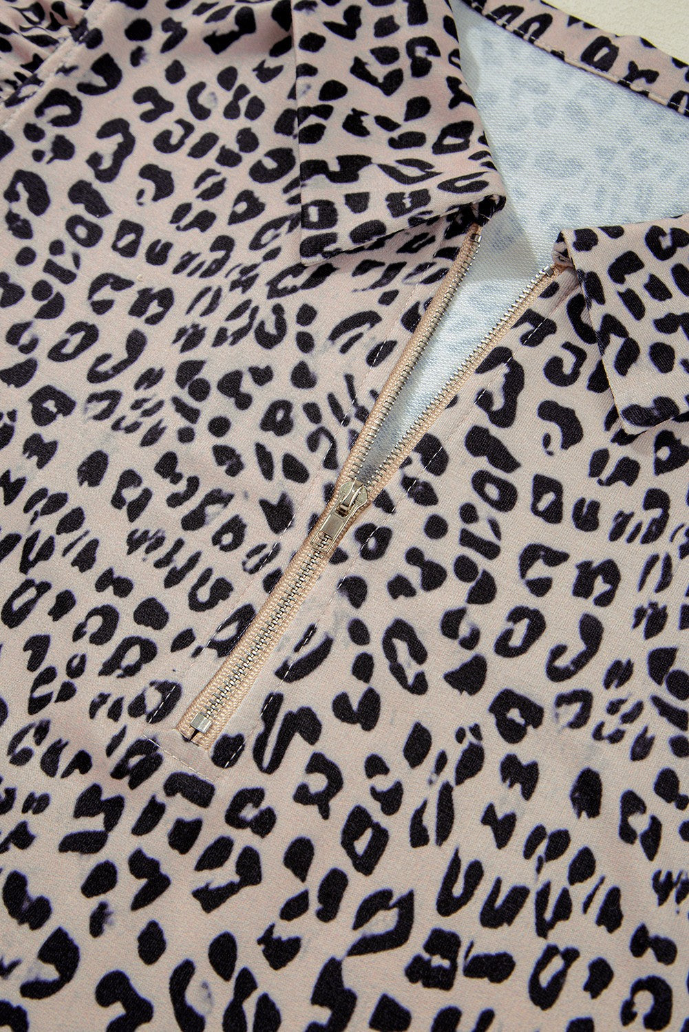 Leopard Zipper Collared Ruffled Top And Short Set