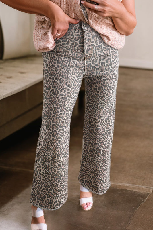 Leopard Frayed Edge Wide Leg High Waist Jeans