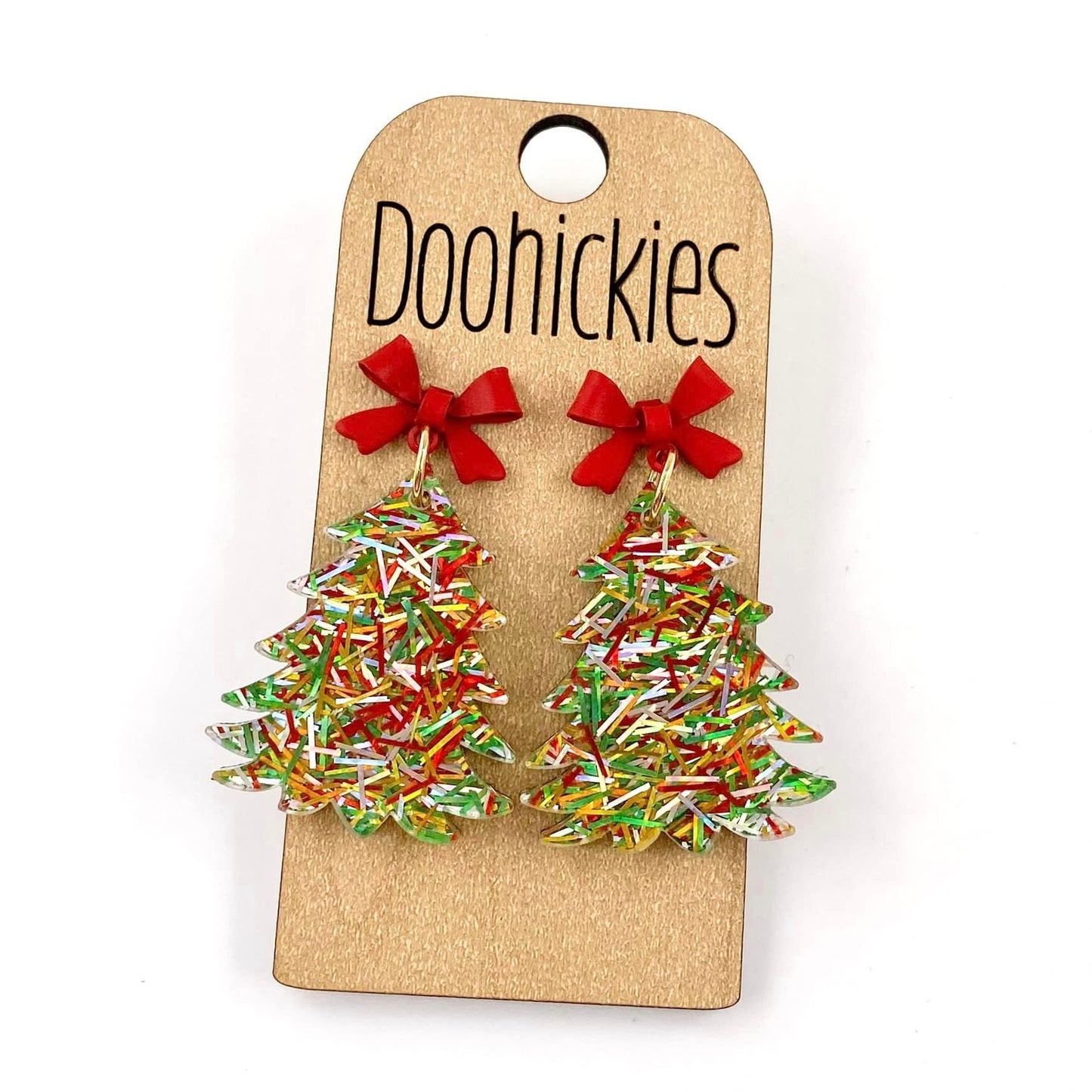 2" Festive Trees - Christmas Acrylic Earrings - Red Tinsel