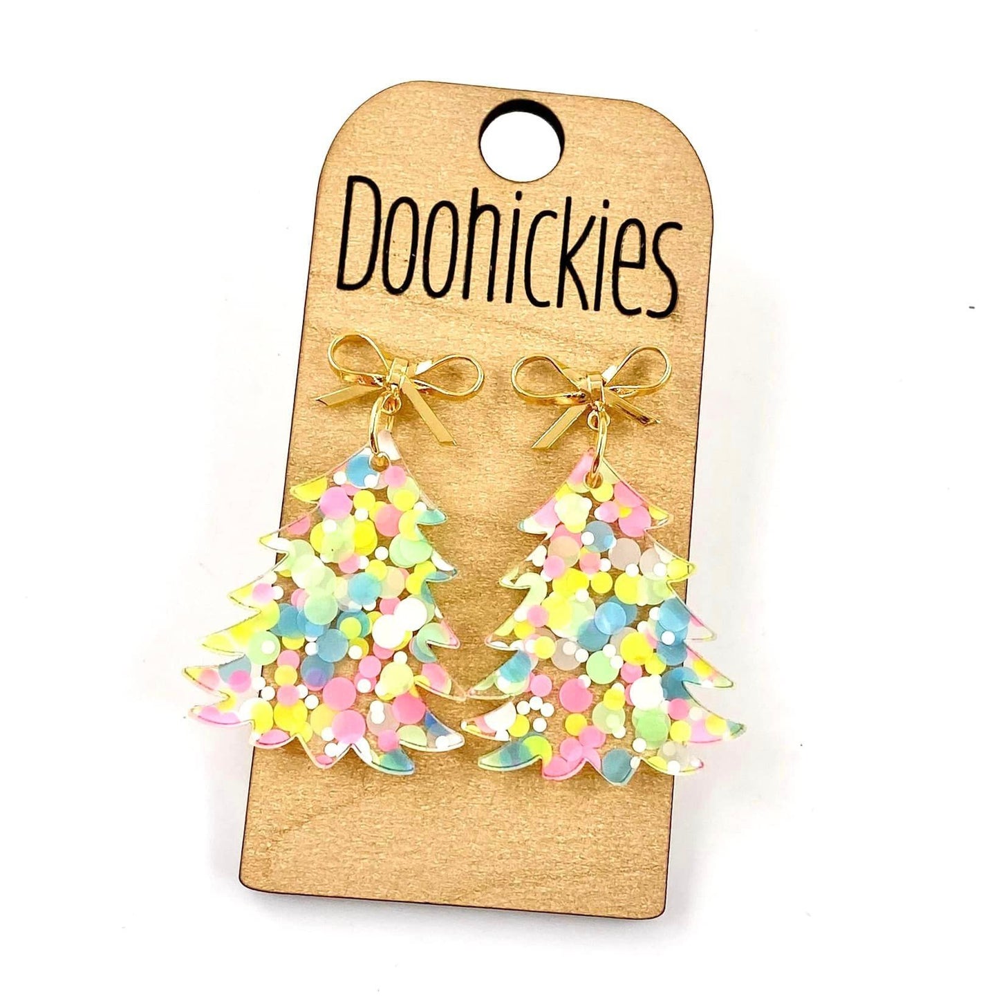 2" Festive Trees - Christmas Acrylic Earrings - Gold Confetti