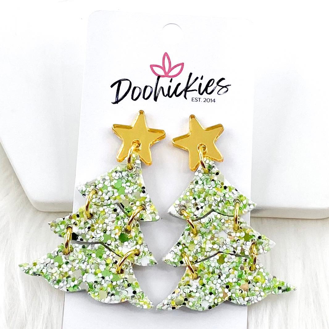 2.5" Festive Glitter Layered Trees - Christmas Earrings Spearmint