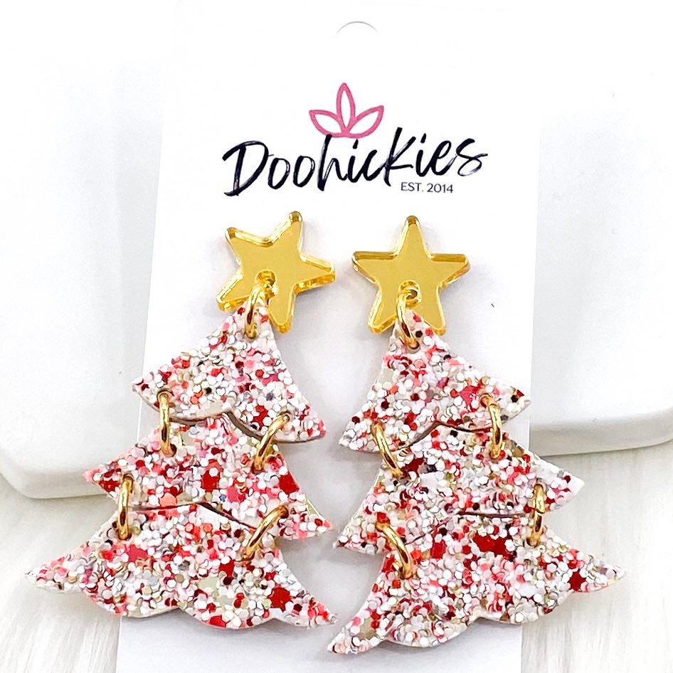 2.5" Festive Glitter Layered Trees - Christmas Earrings Peppermint