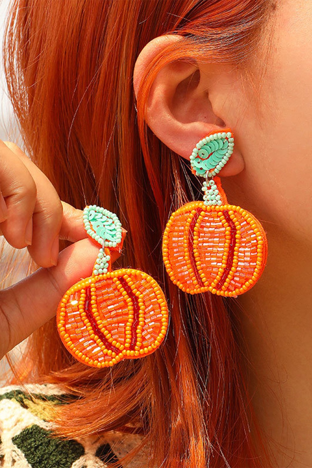 Halloween Pumpkin Rice Beaded Drop Earrings