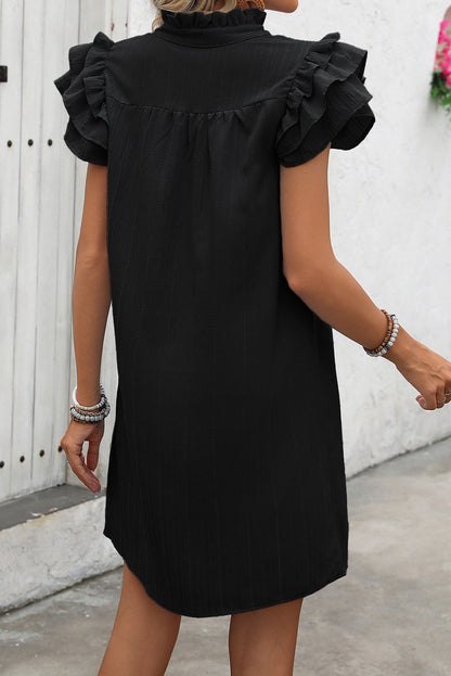 V Neck Ruffle Sleeve Shift Mini Dress