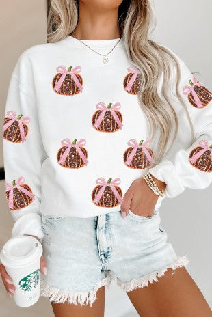 Sequin Bow Pumpkin Patched Cotton Sweatshirt