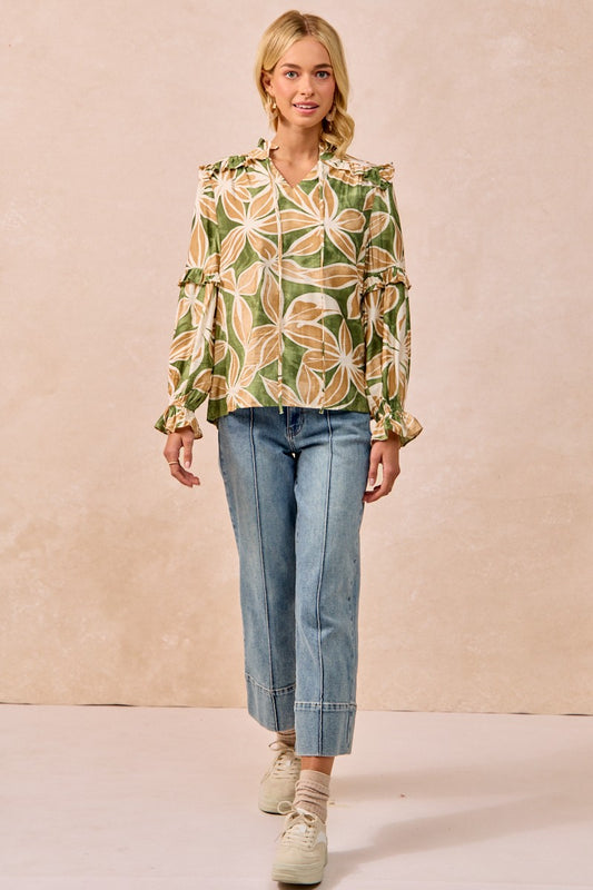 Floral Print Ruffles Detail Top With Front Tie