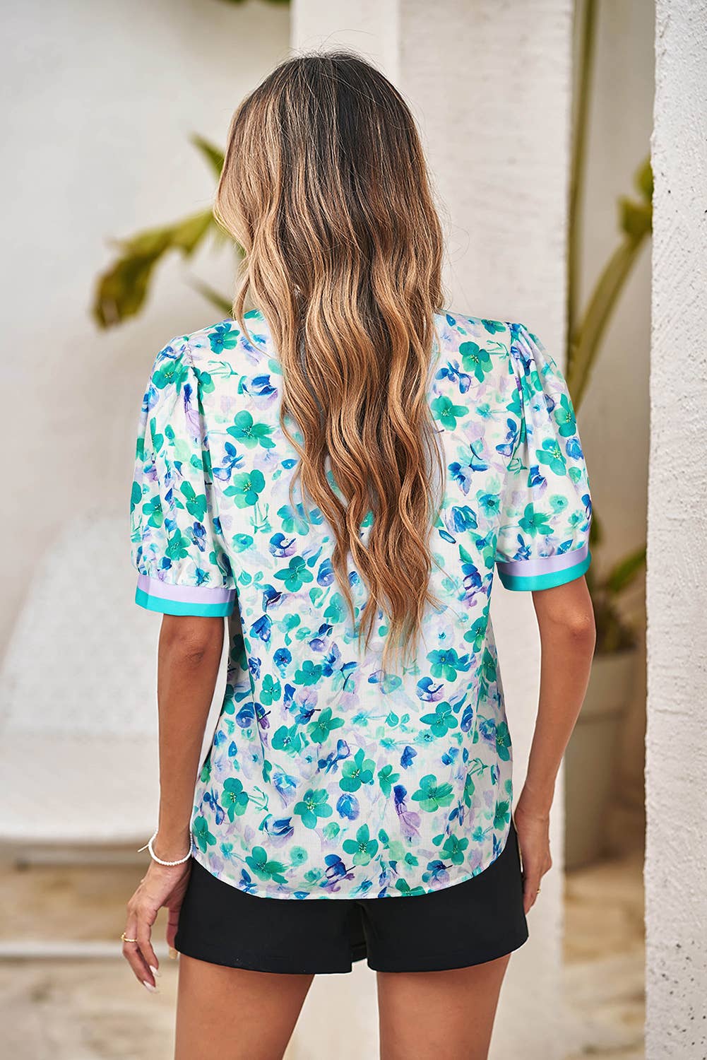LDC Striped Trim Split V Neck Puff Short Sleeve Blouse