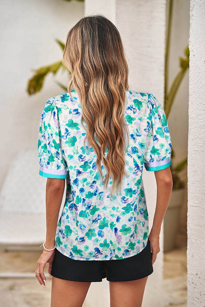 LDC Striped Trim Split V Neck Puff Short Sleeve Blouse