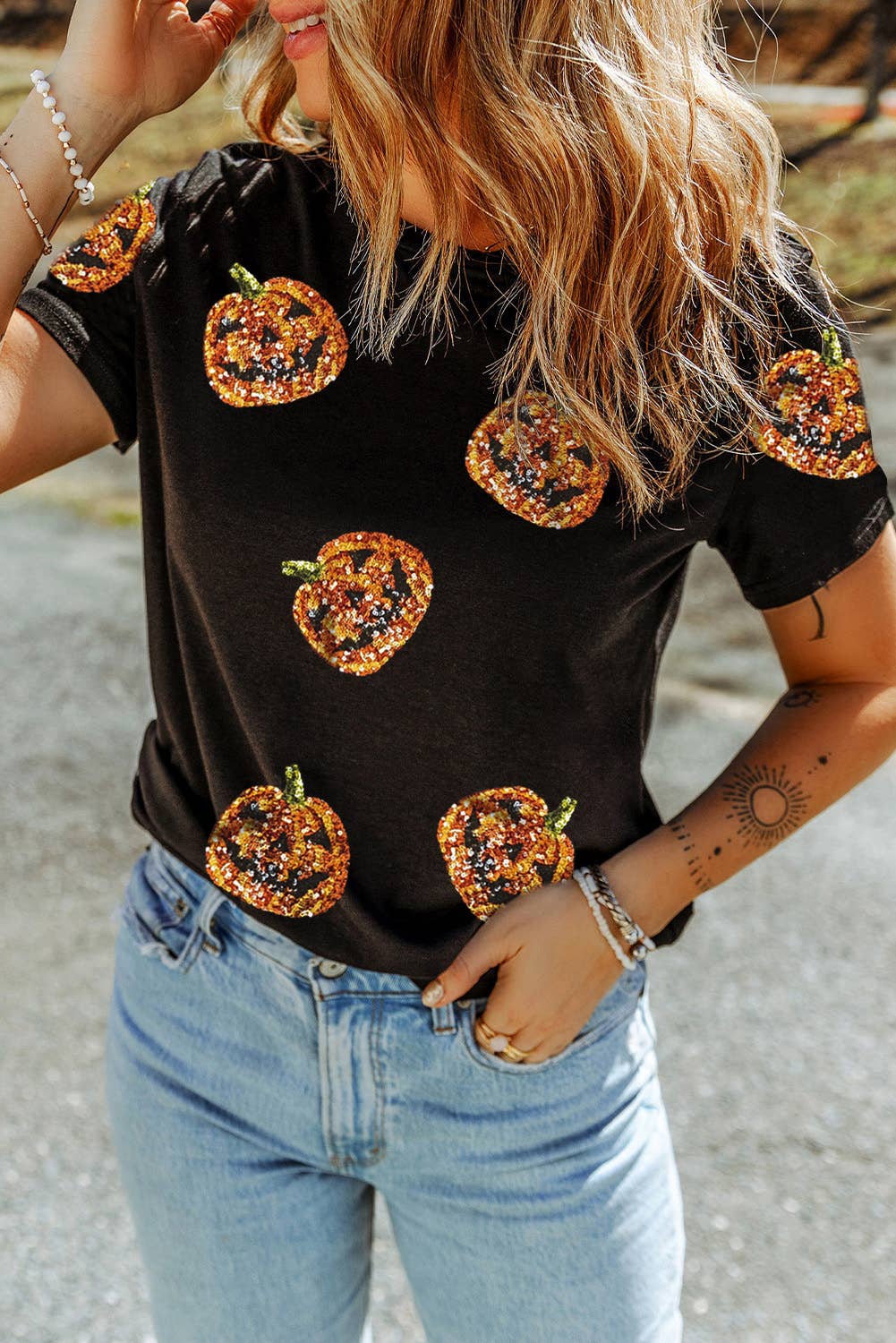 LDC Sequin Pumpkin Face Halloween T Shirt