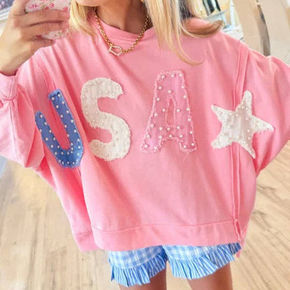 Women's USA Pearl Letter Patch Pink Oversized Sweatshirt Casual Long Sleeve Pullover by