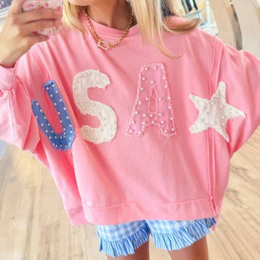 Women's USA Pearl Letter Patch Pink Oversized Sweatshirt Casual Long Sleeve Pullover by