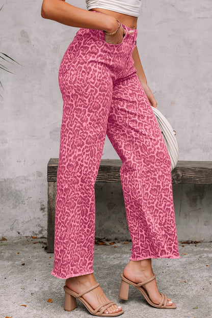 Leopard Frayed Wide Leg High Rise Jeans