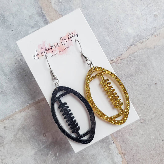 Black & Gold Glitter Acrylic Football Game Day Earrings