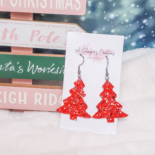 Bright Red & Silver Glitter Christmas Tree Leather Earrings