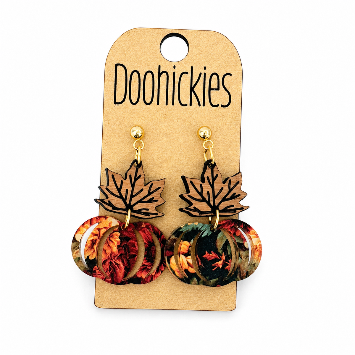 Doohickies - Autumn Blooms Floral Pumpkin Earrings | Acrylic & Wood Fall Earrings