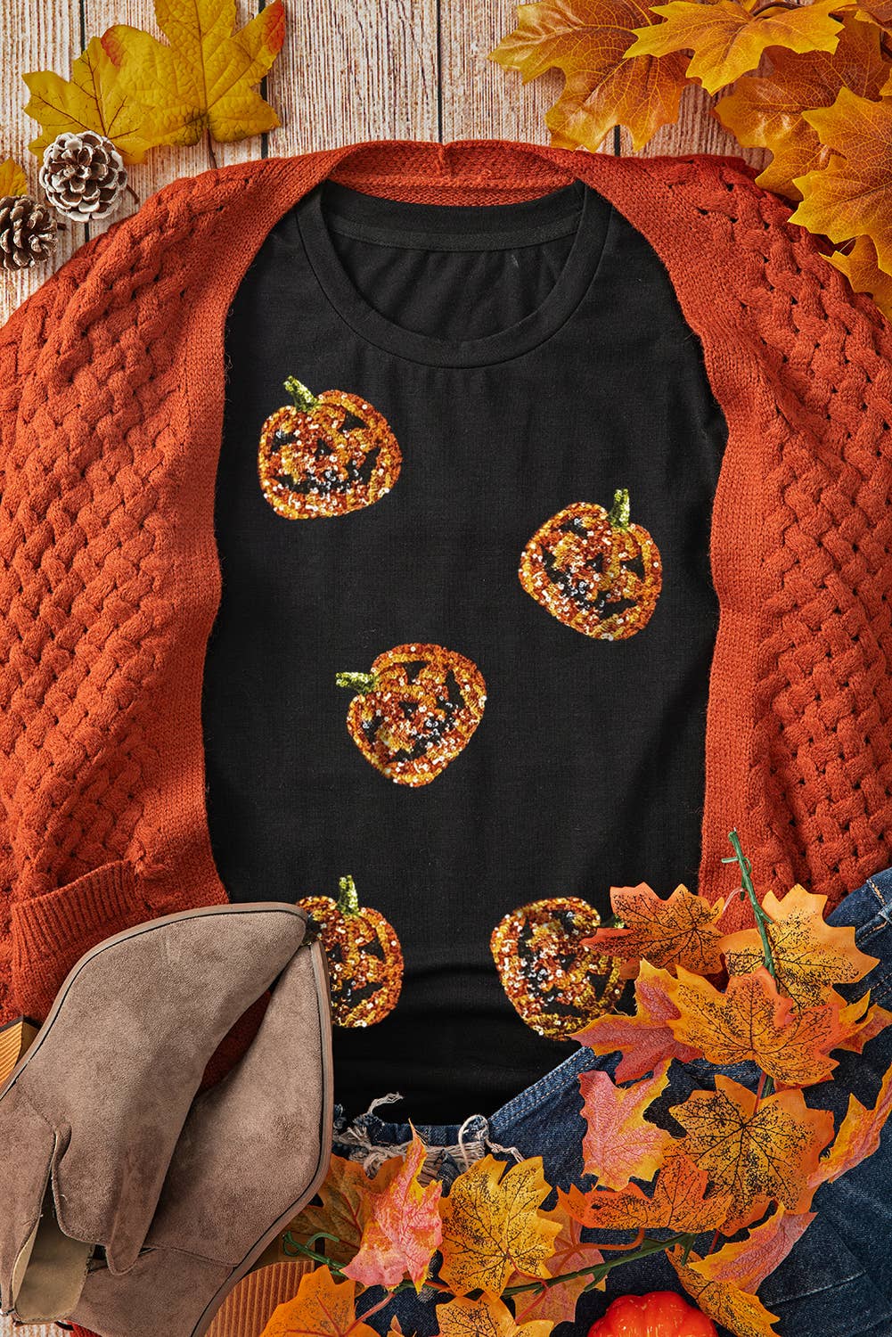 LDC Sequin Pumpkin Face Halloween T Shirt
