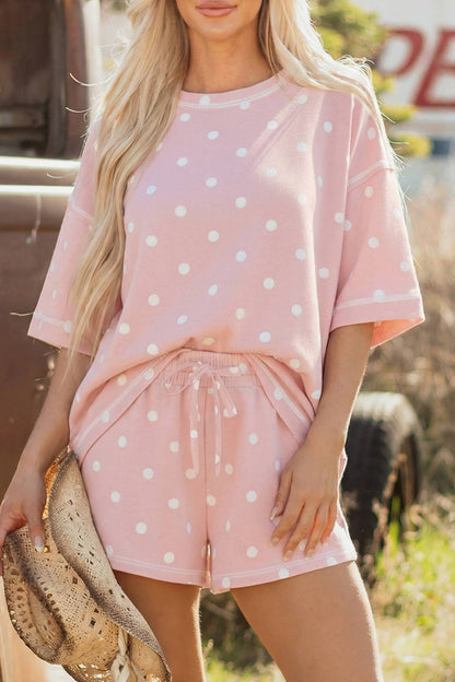 Seam Detail Polka Dot Loose Tee Drawstring Shorts Set