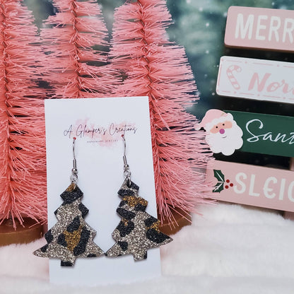 Leopard Glitter Christmas Tree Leather Earrings