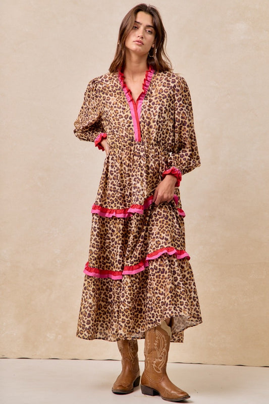 Leopard Printed Midi Dress With Stripe Edged