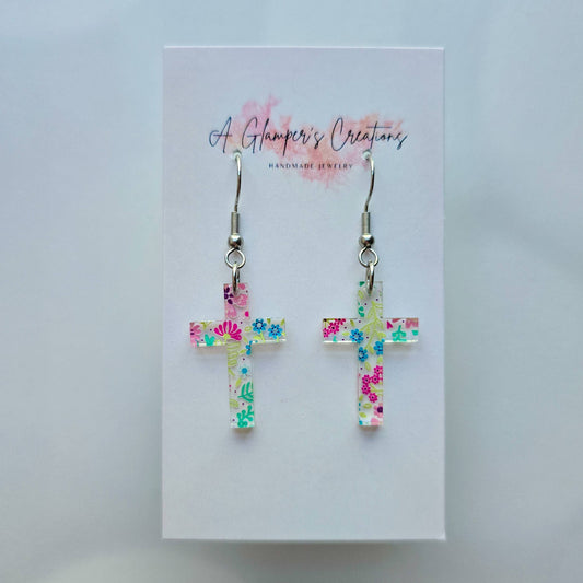 Micro Floral Acrylic Cross Earrings